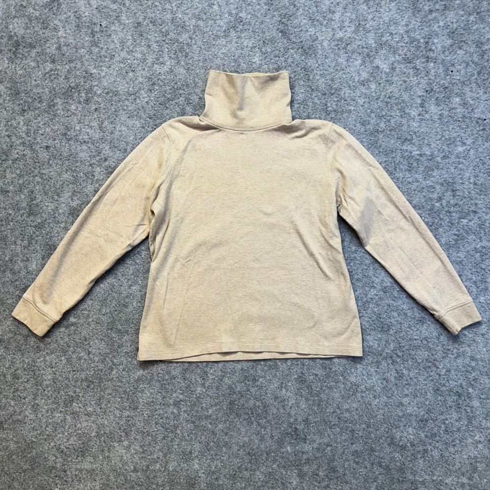 LL Bean Turtleneck Top Womens S Petite Tan Cotton Long Sleeve Ribbed Cuffs